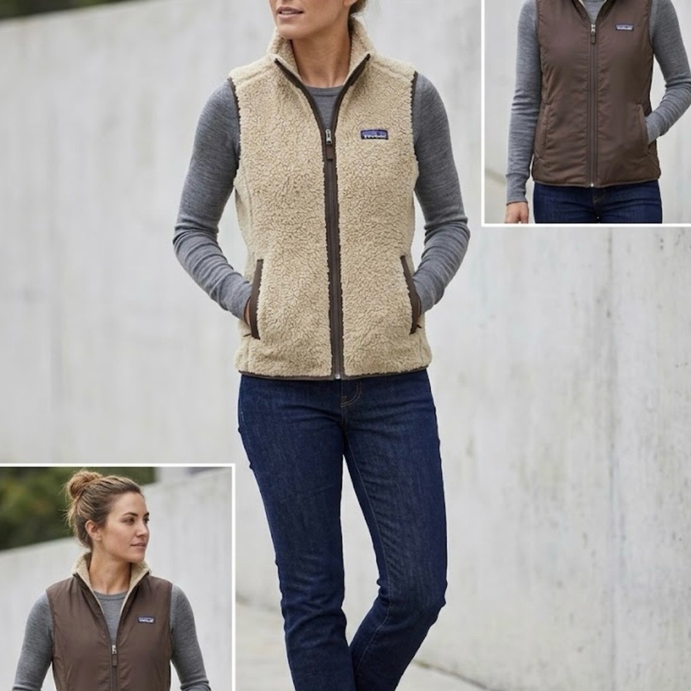 Patagonia Vest Reversible Women's Large Los Gatos Fleece Fuzzy Sherpa Tan/Brown